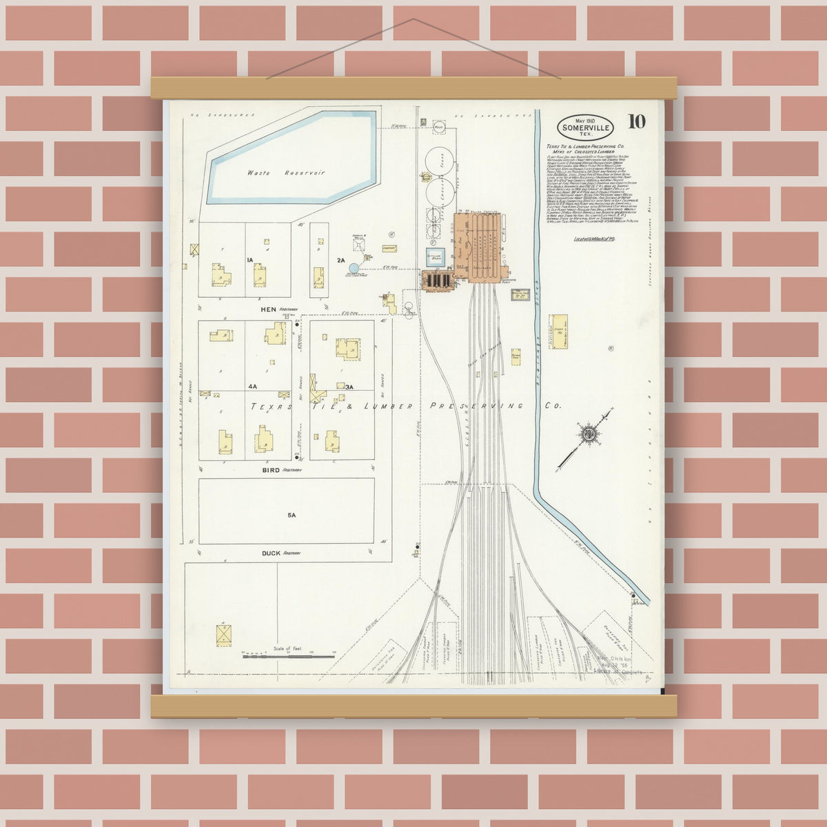 Old map wall art mockup — magnetic wood frame on brick wall — Sanborn Fire Insurance Map from Somerville, Burleson County, Texas (1910), Sheet #0010