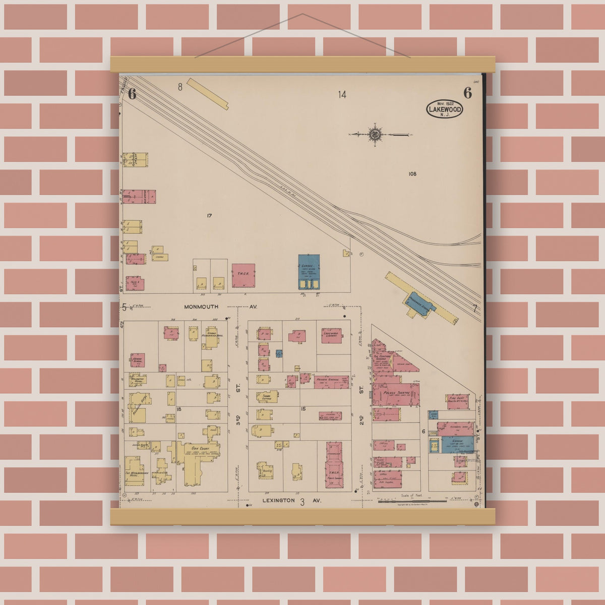 Old map wall art mockup — magnetic wood frame on brick wall — Sanborn Fire Insurance Map from Lakewood, Ocean County, New Jersey (1922), Sheet #0006