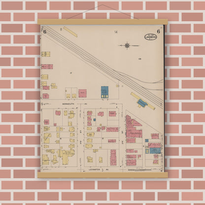 Old map wall art mockup — magnetic wood frame on brick wall — Sanborn Fire Insurance Map from Lakewood, Ocean County, New Jersey (1922), Sheet #0006