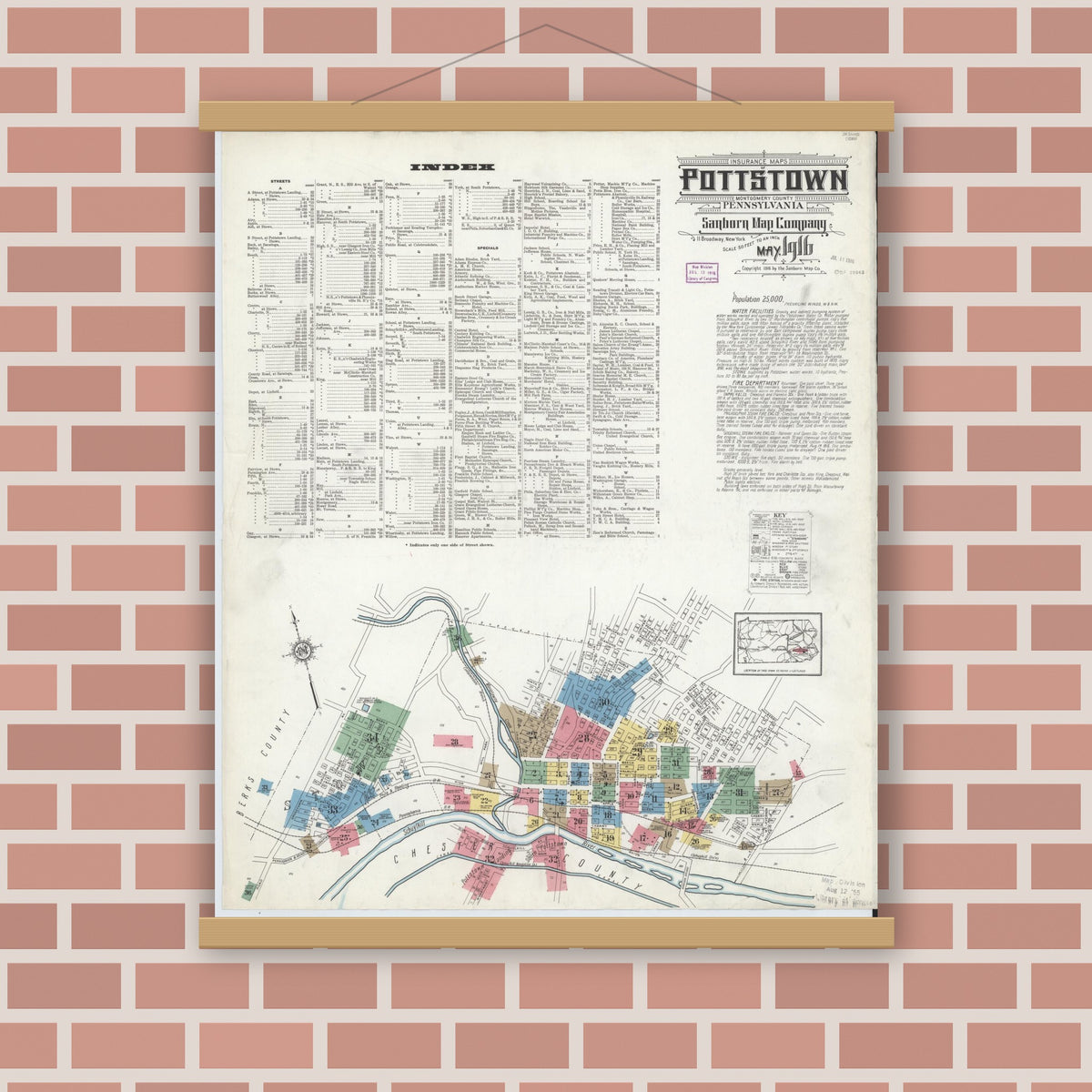 Old map wall art mockup — magnetic wood frame on brick wall — Sanborn Fire Insurance Map from Pottstown, Montgomery County, Pennsylvania (1916), Sheet #0001