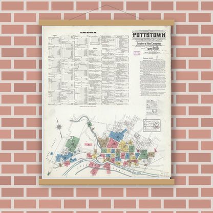 Old map wall art mockup — magnetic wood frame on brick wall — Sanborn Fire Insurance Map from Pottstown, Montgomery County, Pennsylvania (1916), Sheet #0001