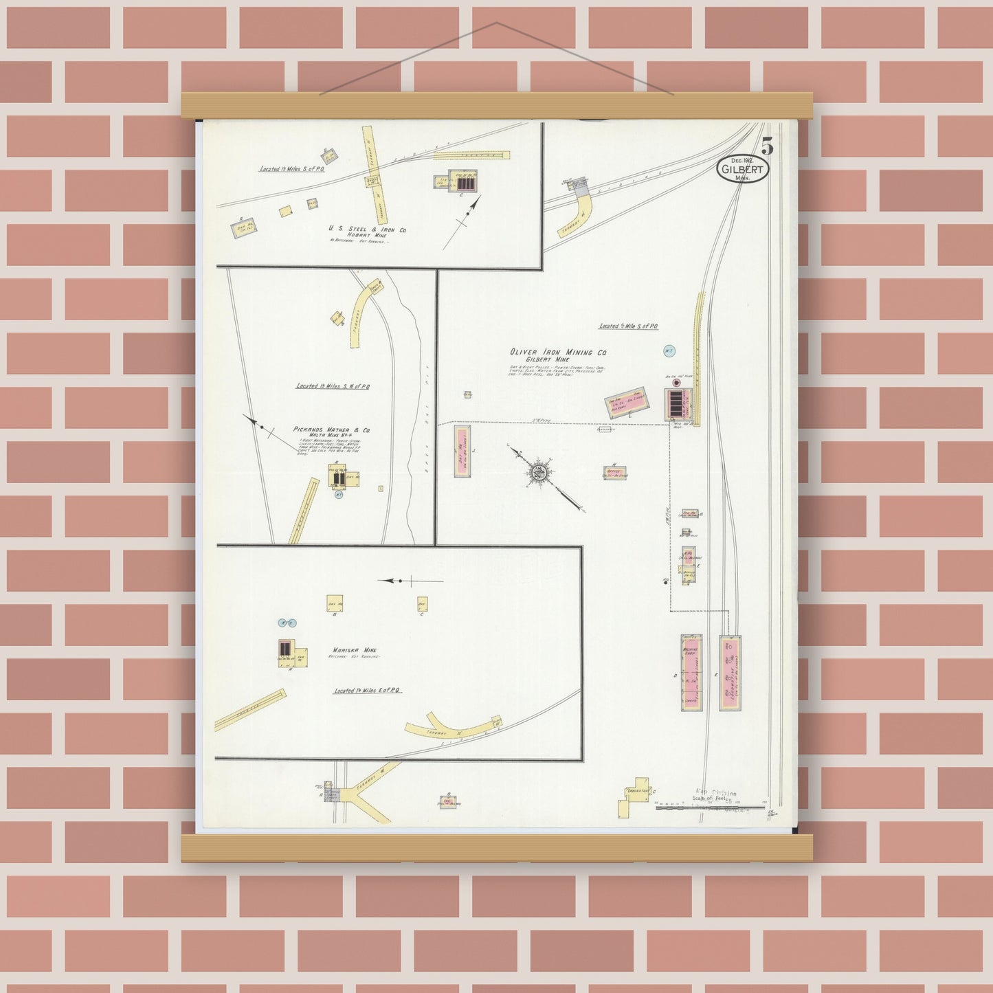 Old map wall art mockup — magnetic wood frame on brick wall — Sanborn Fire Insurance Map from Gilbert, Saint Louis County, Minnesota (1912), Sheet #0005