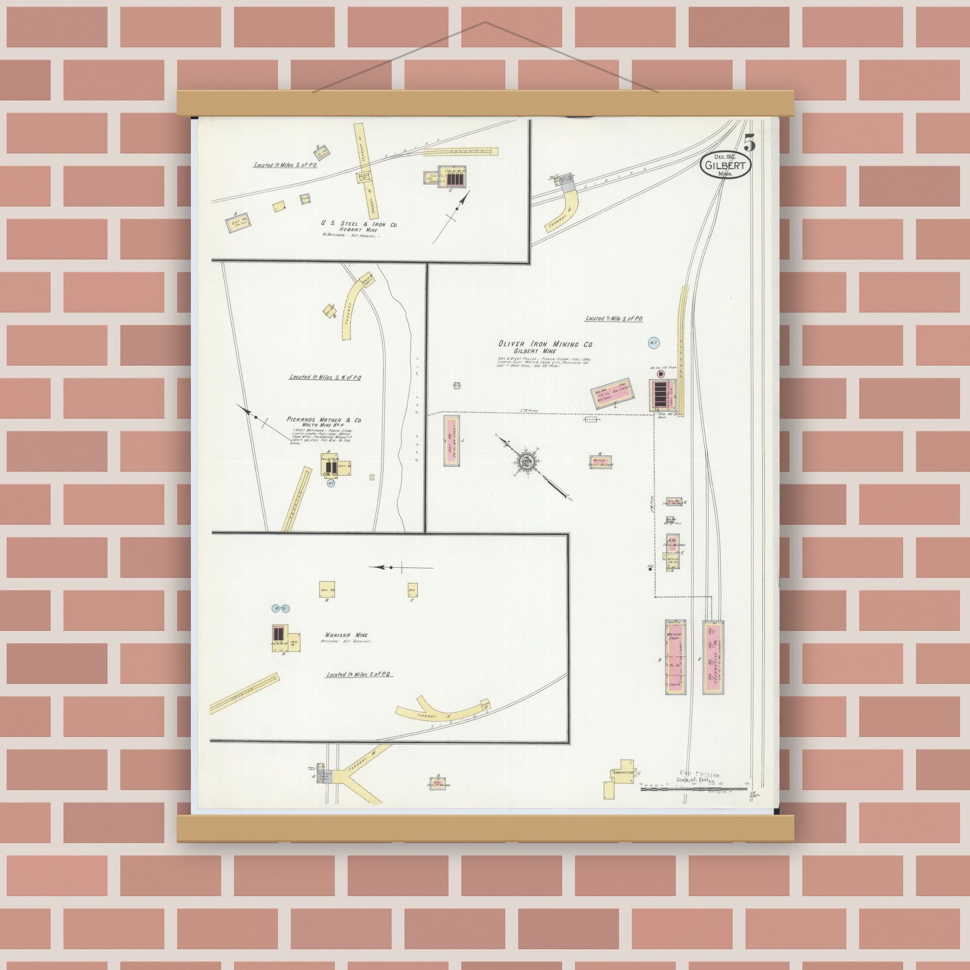 Old map wall art mockup — magnetic wood frame on brick wall — Sanborn Fire Insurance Map from Gilbert, Saint Louis County, Minnesota (1912), Sheet #0005