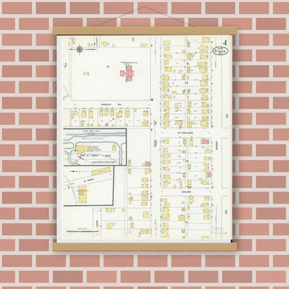 Old map wall art mockup — magnetic wood frame on brick wall — Sanborn Fire Insurance Map from Piqua, Miami County, Ohio (1911), Sheet #0004