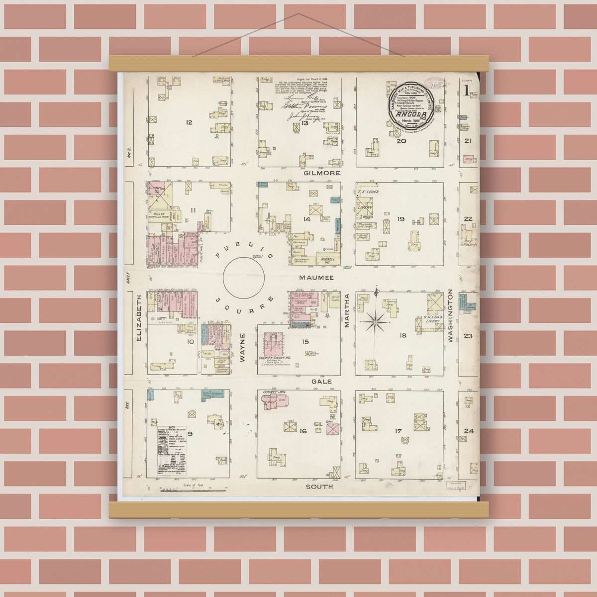 Old map wall art mockup — magnetic wood frame on brick wall — Sanborn Fire Insurance Map from Angola, Steuben County, Indiana (1886), Sheet #0001