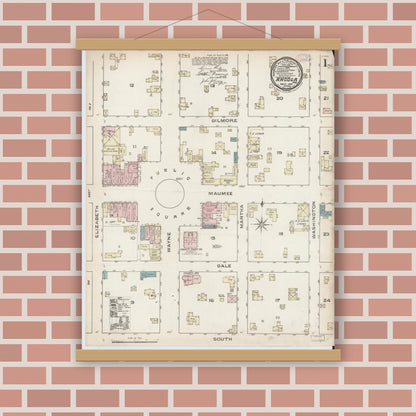Old map wall art mockup — magnetic wood frame on brick wall — Sanborn Fire Insurance Map from Angola, Steuben County, Indiana (1886), Sheet #0001