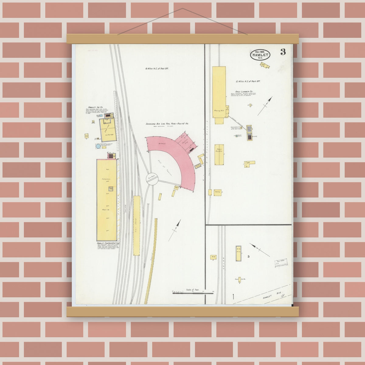 Old map wall art mockup — magnetic wood frame on brick wall — Sanborn Fire Insurance Map from Hamlet, Richmond County, North Carolina (1905), Sheet #0003