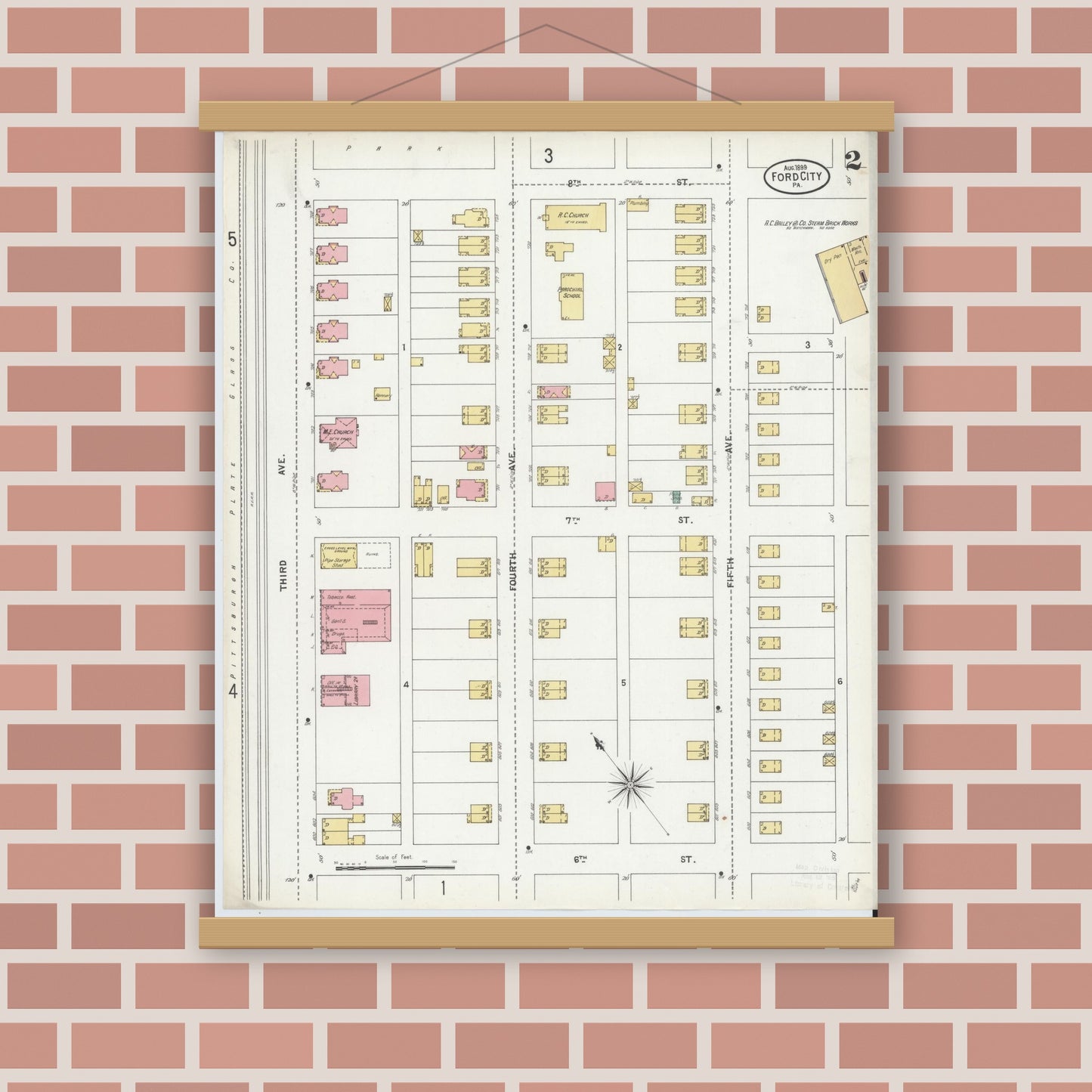 Old map wall art mockup — magnetic wood frame on brick wall — Sanborn Fire Insurance Map from Ford City, Armstrong County, Pennsylvania (1899), Sheet #0002
