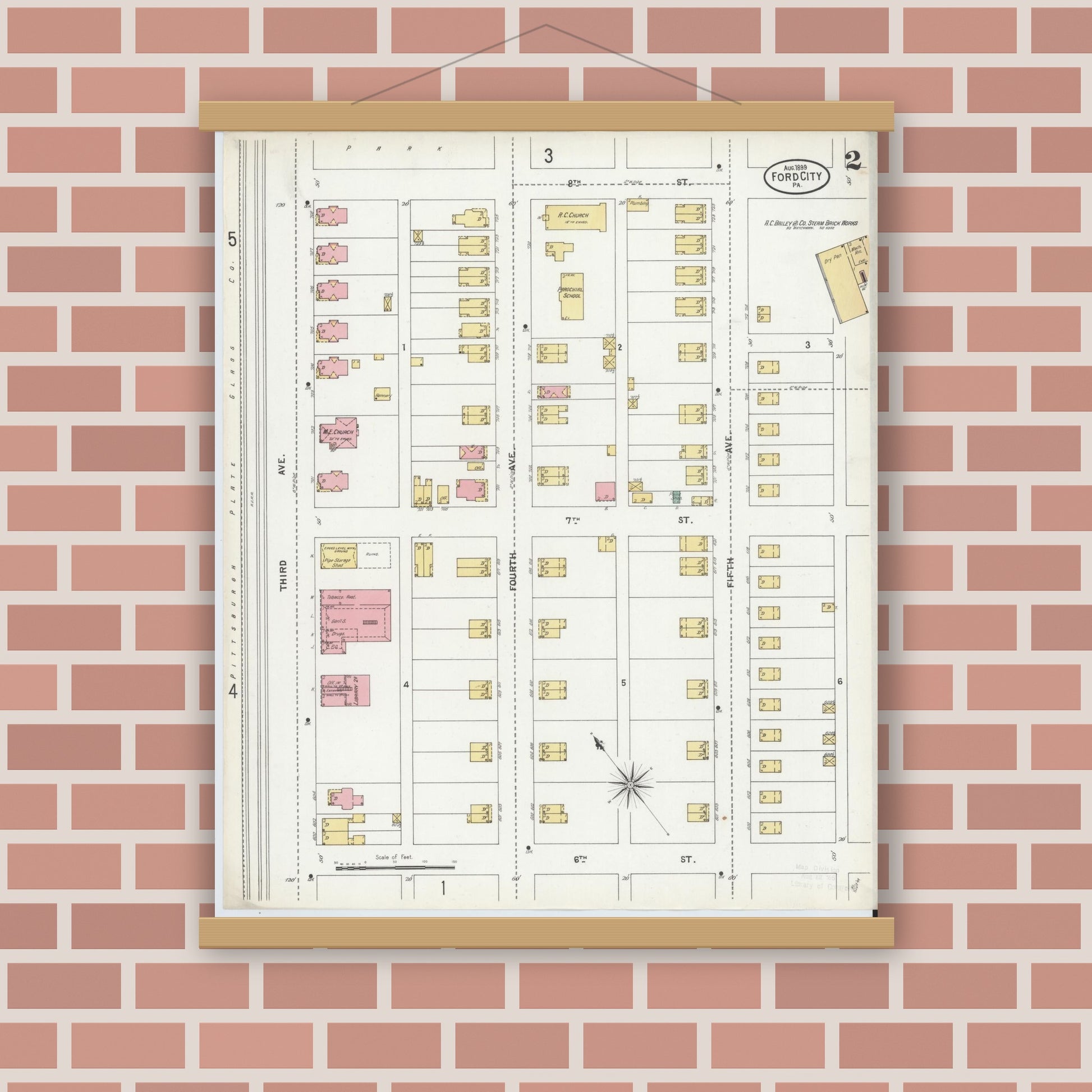 Old map wall art mockup — magnetic wood frame on brick wall — Sanborn Fire Insurance Map from Ford City, Armstrong County, Pennsylvania (1899), Sheet #0002