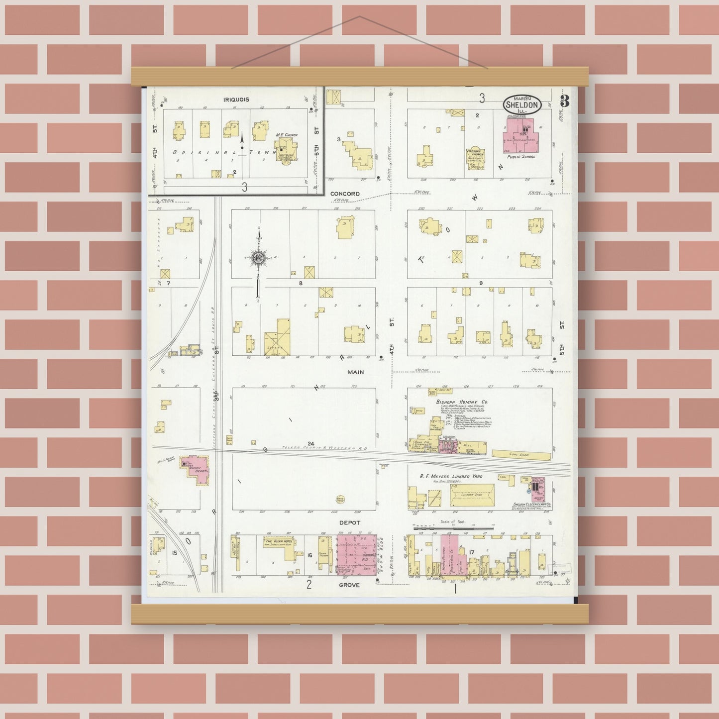 Old map wall art mockup — magnetic wood frame on brick wall — Sanborn Fire Insurance Map from Sheldon, Iroquois County, Illinois (1910), Sheet #0003