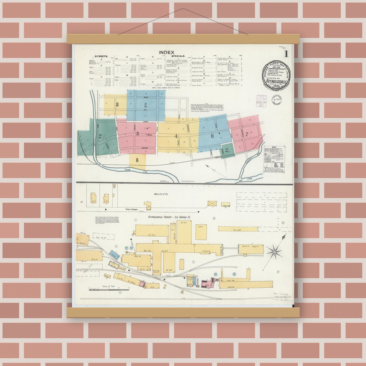 Old map wall art mockup — magnetic wood frame on brick wall — Sanborn Fire Insurance Map from Reynoldsville, Jefferson County, Pennsylvania (1901) - Complete Map Set