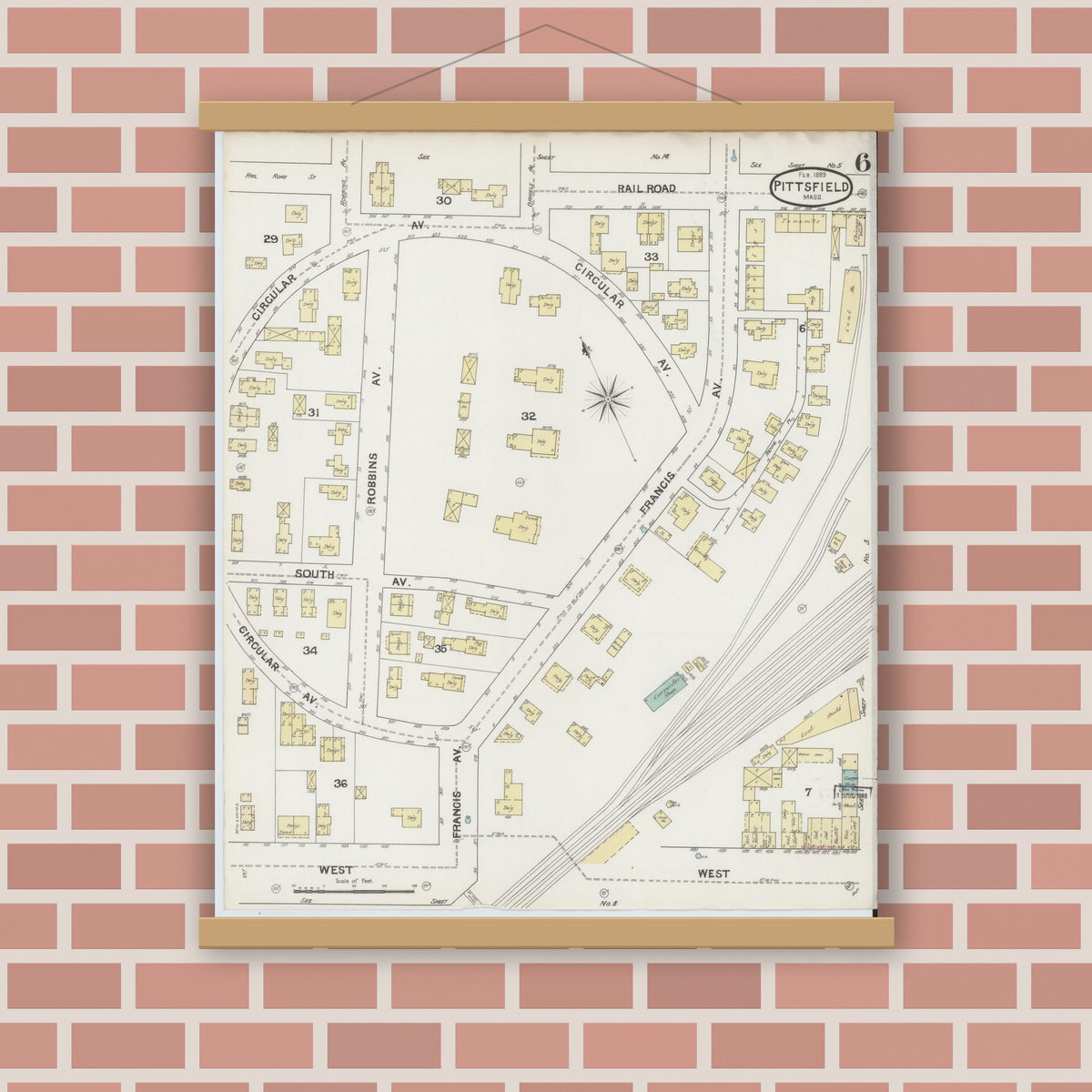 Old map wall art mockup — magnetic wood frame on brick wall — Sanborn Fire Insurance Map from Pittsfield, Berkshire County, Massachusetts (1889), Sheet #0006