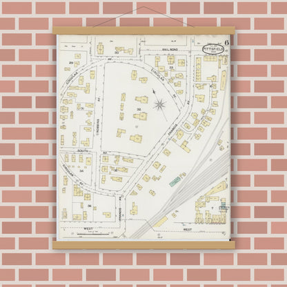 Old map wall art mockup — magnetic wood frame on brick wall — Sanborn Fire Insurance Map from Pittsfield, Berkshire County, Massachusetts (1889), Sheet #0006