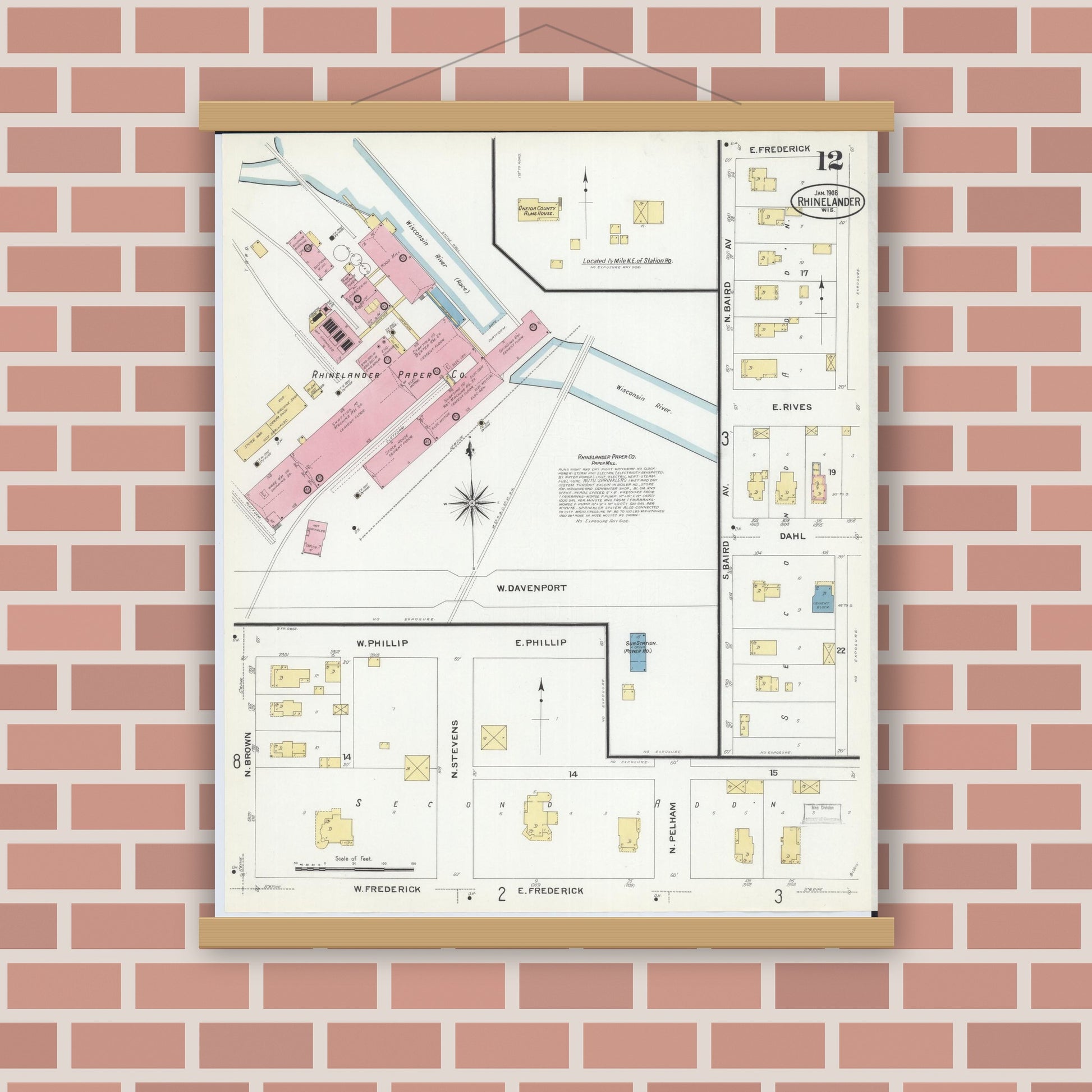 Old map wall art mockup — magnetic wood frame on brick wall — Sanborn Fire Insurance Map from Rhinelander, Oneida County, Wisconsin (1908), Sheet #0012