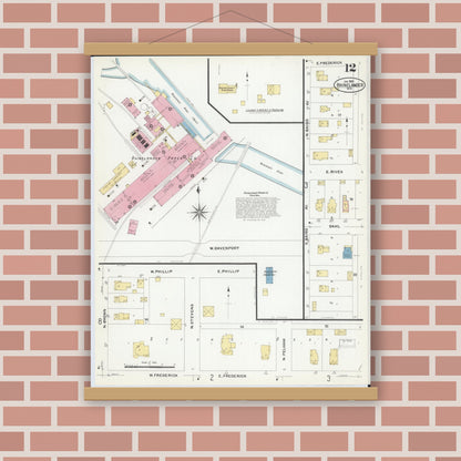 Old map wall art mockup — magnetic wood frame on brick wall — Sanborn Fire Insurance Map from Rhinelander, Oneida County, Wisconsin (1908), Sheet #0012