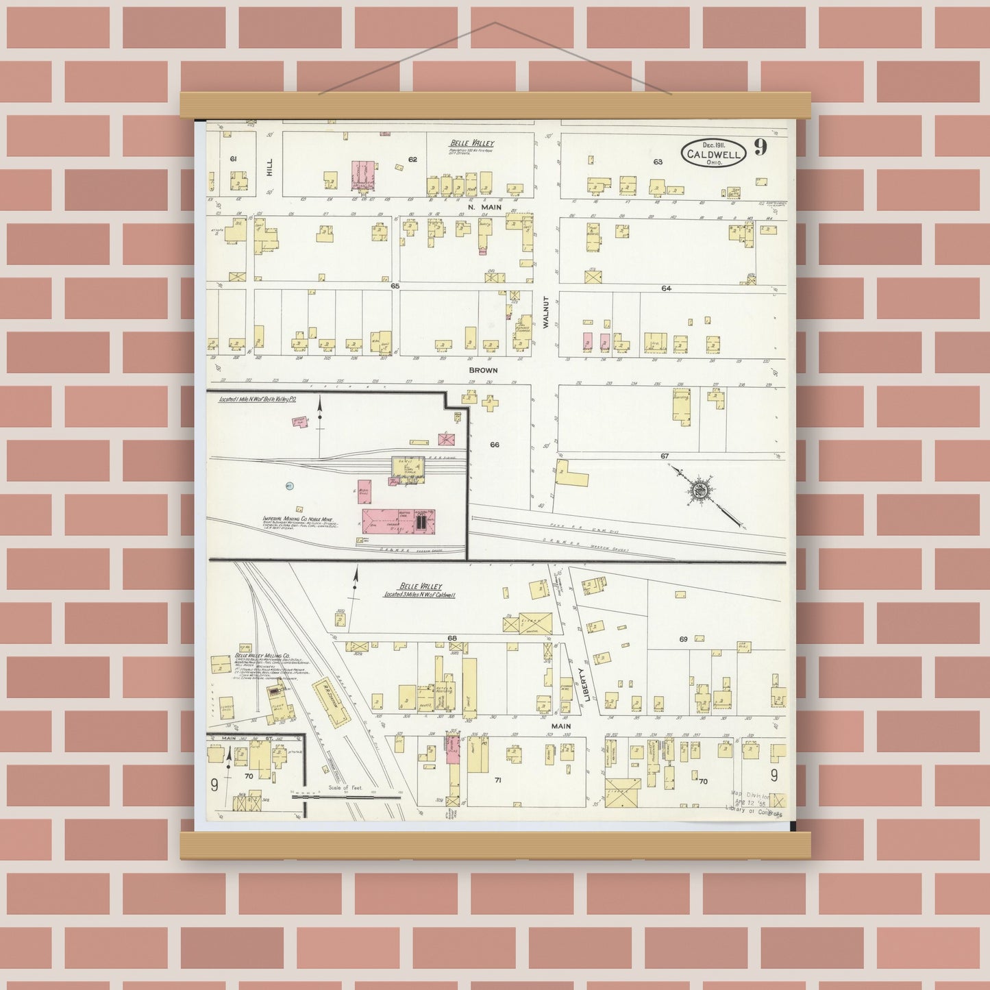 Old map wall art mockup — magnetic wood frame on brick wall — Sanborn Fire Insurance Map from Caldwell, Noble County, Ohio (1911), Sheet #0009