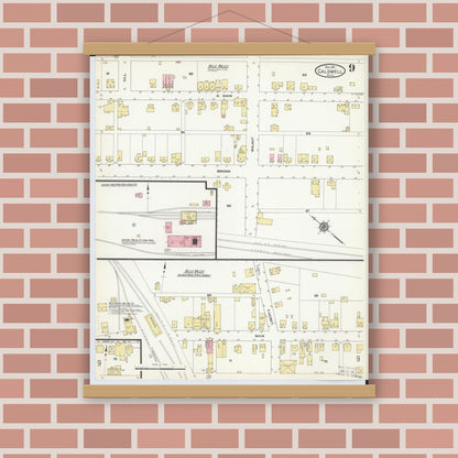 Old map wall art mockup — magnetic wood frame on brick wall — Sanborn Fire Insurance Map from Caldwell, Noble County, Ohio (1911), Sheet #0009