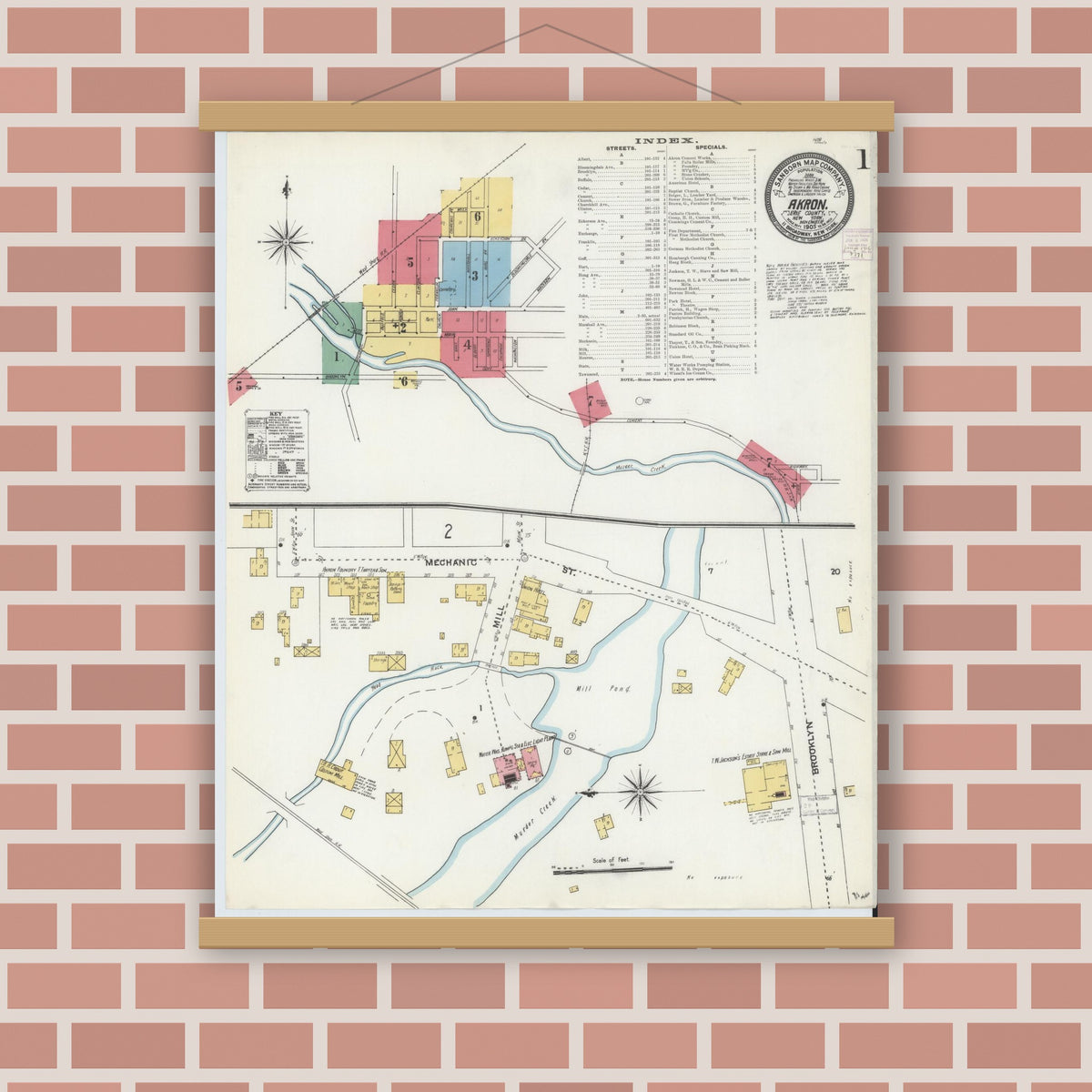 Old map wall art mockup — magnetic wood frame on brick wall — Sanborn Fire Insurance Map from Akron, Erie County, New York (1905) - Complete Map Set