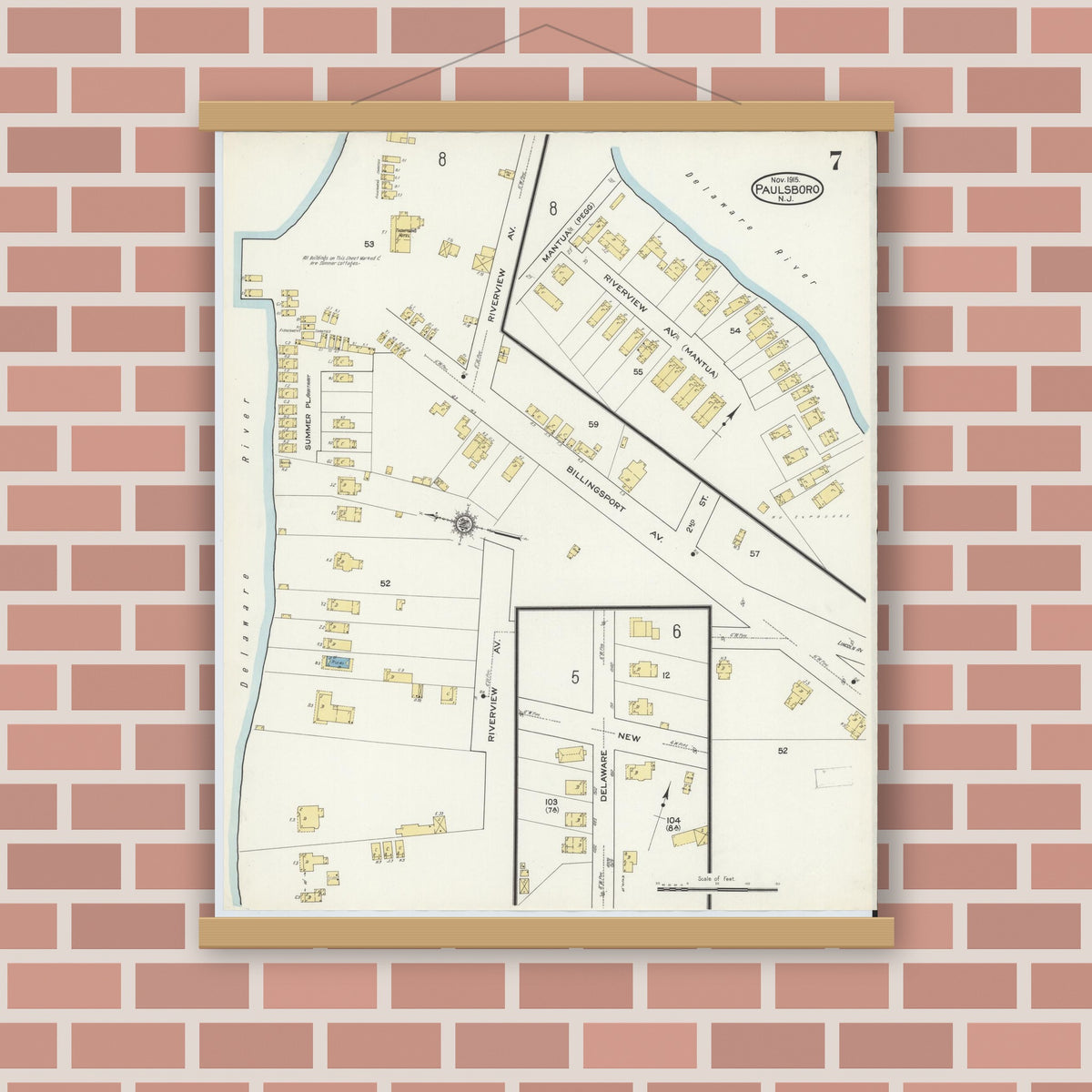 Old map wall art mockup — magnetic wood frame on brick wall — Sanborn Fire Insurance Map from Paulsboro, Gloucester County, New Jersey (1915), Sheet #0007