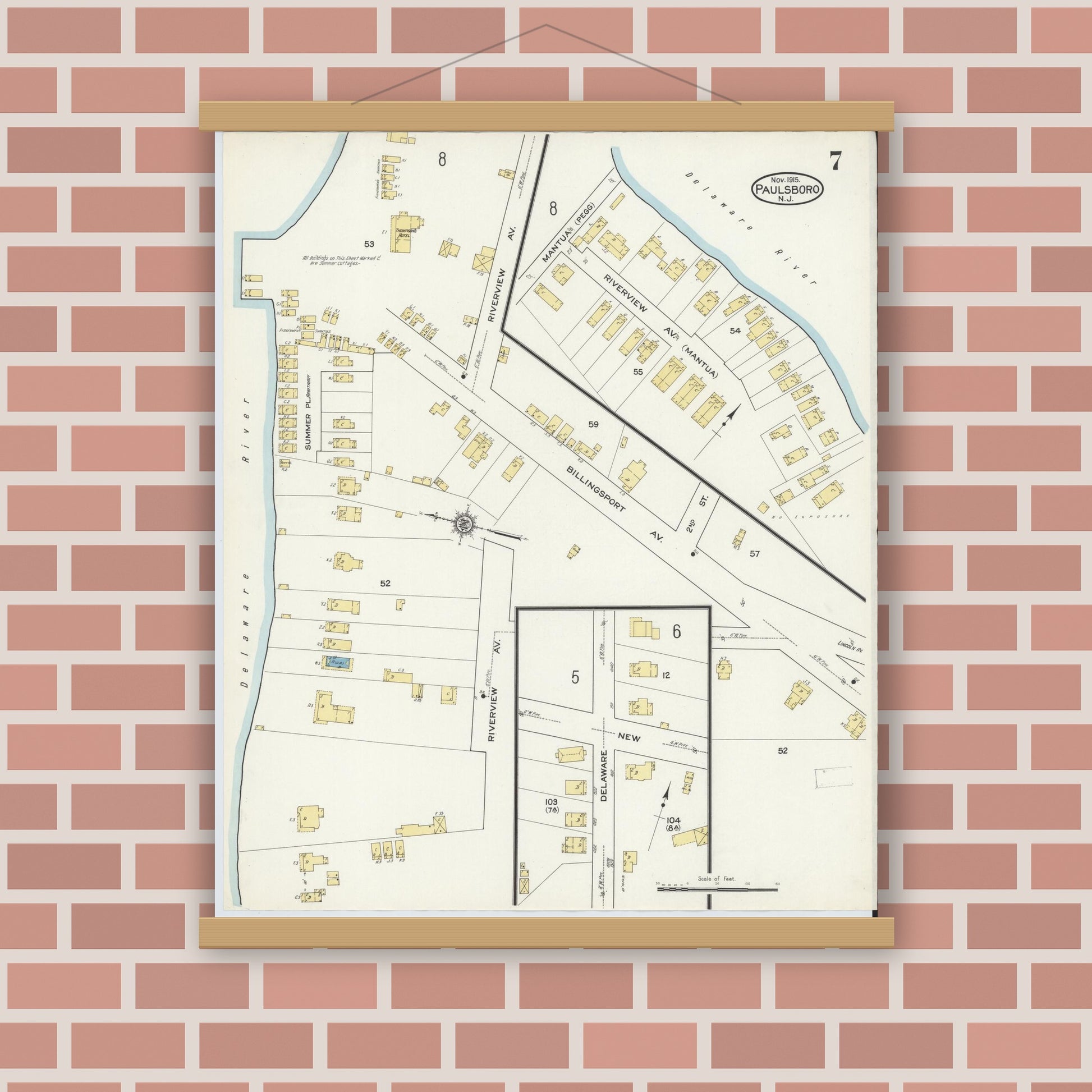 Old map wall art mockup — magnetic wood frame on brick wall — Sanborn Fire Insurance Map from Paulsboro, Gloucester County, New Jersey (1915), Sheet #0007