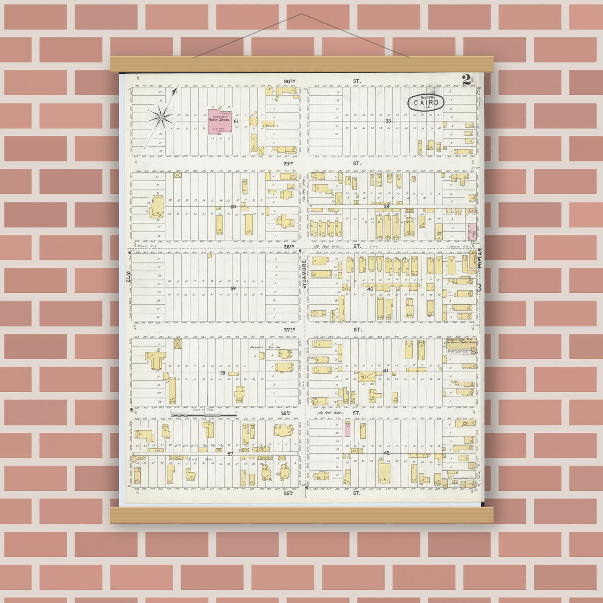 Old map wall art mockup — magnetic wood frame on brick wall — Sanborn Fire Insurance Map from Cairo, Alexander County, Illinois (1896), Sheet #0002