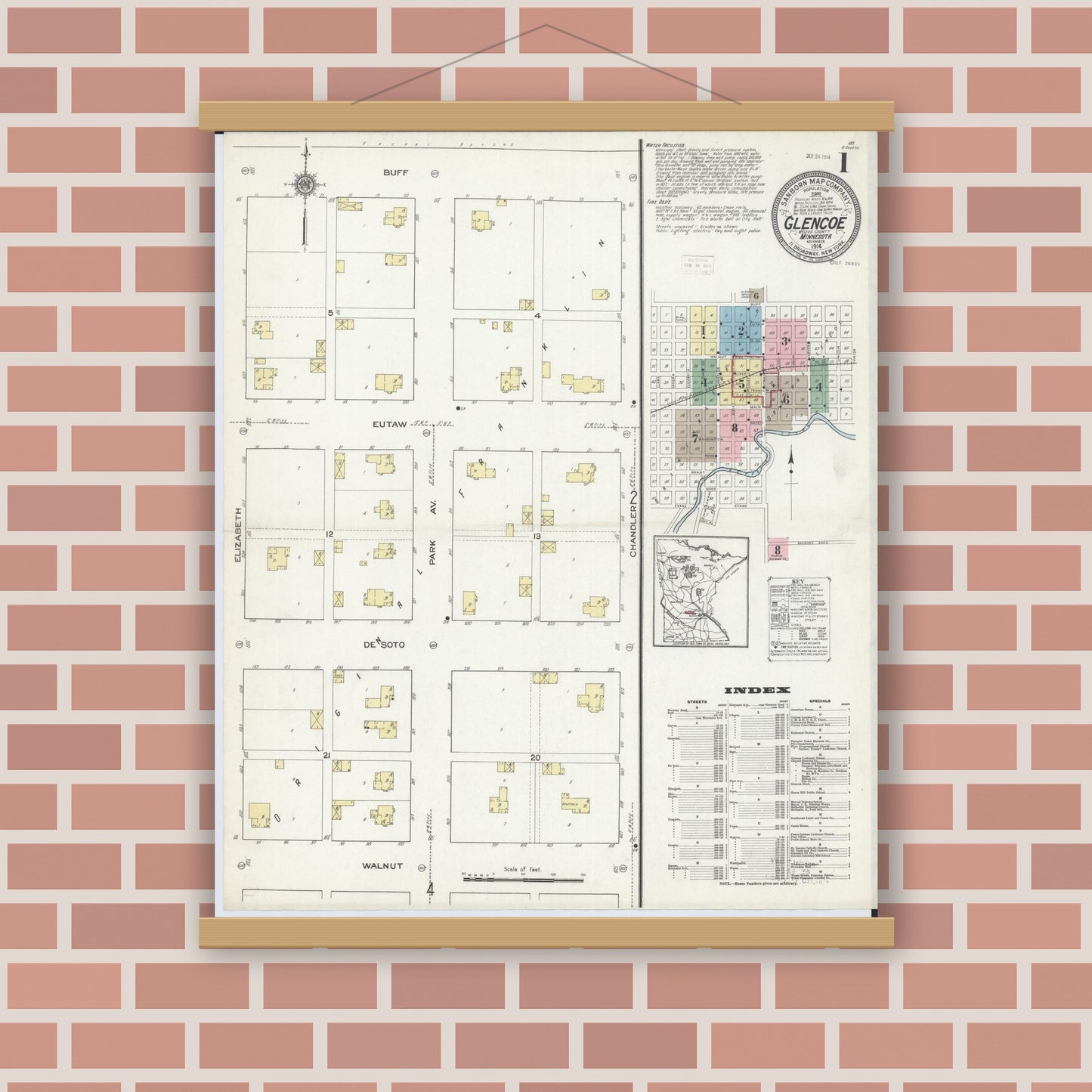 Old map wall art mockup — magnetic wood frame on brick wall — Sanborn Fire Insurance Map from Glencoe, Mcleod County, Minnesota (1914) - Complete Map Set