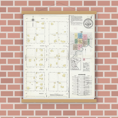 Old map wall art mockup — magnetic wood frame on brick wall — Sanborn Fire Insurance Map from Glencoe, Mcleod County, Minnesota (1914) - Complete Map Set