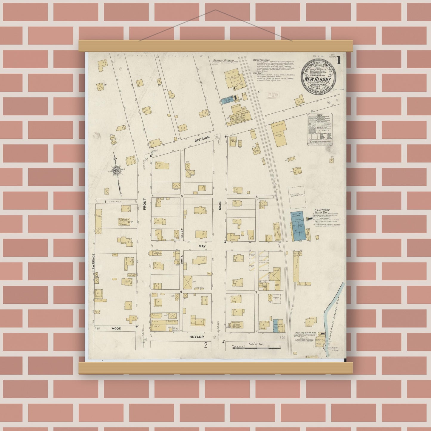 Old map wall art mockup — magnetic wood frame on brick wall — Sanborn Fire Insurance Map from New Albany, Bradford County, Pennsylvania (1911), Sheet #0001