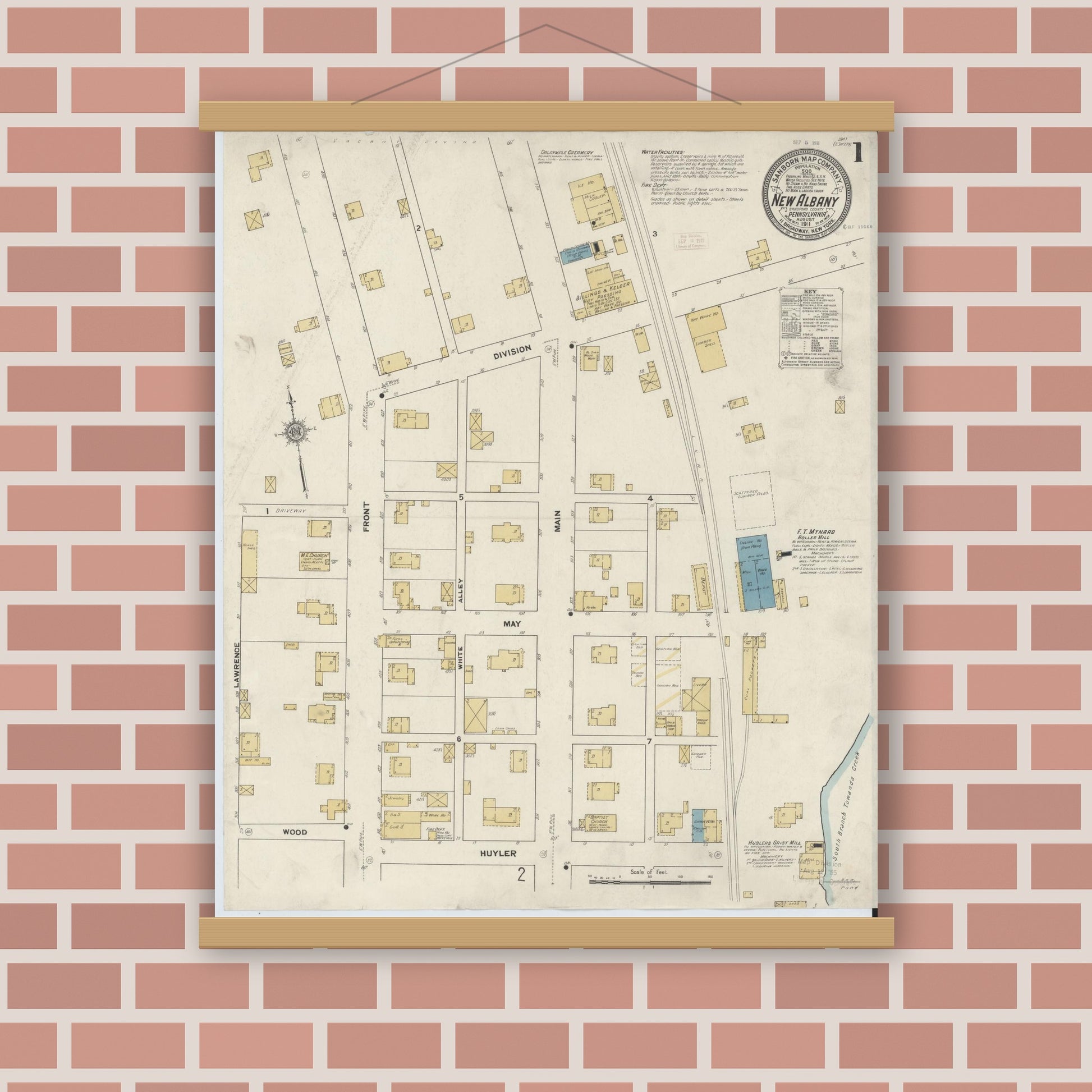 Old map wall art mockup — magnetic wood frame on brick wall — Sanborn Fire Insurance Map from New Albany, Bradford County, Pennsylvania (1911), Sheet #0001