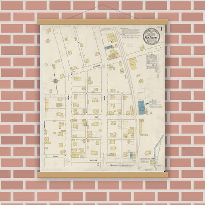 Old map wall art mockup — magnetic wood frame on brick wall — Sanborn Fire Insurance Map from New Albany, Bradford County, Pennsylvania (1911), Sheet #0001