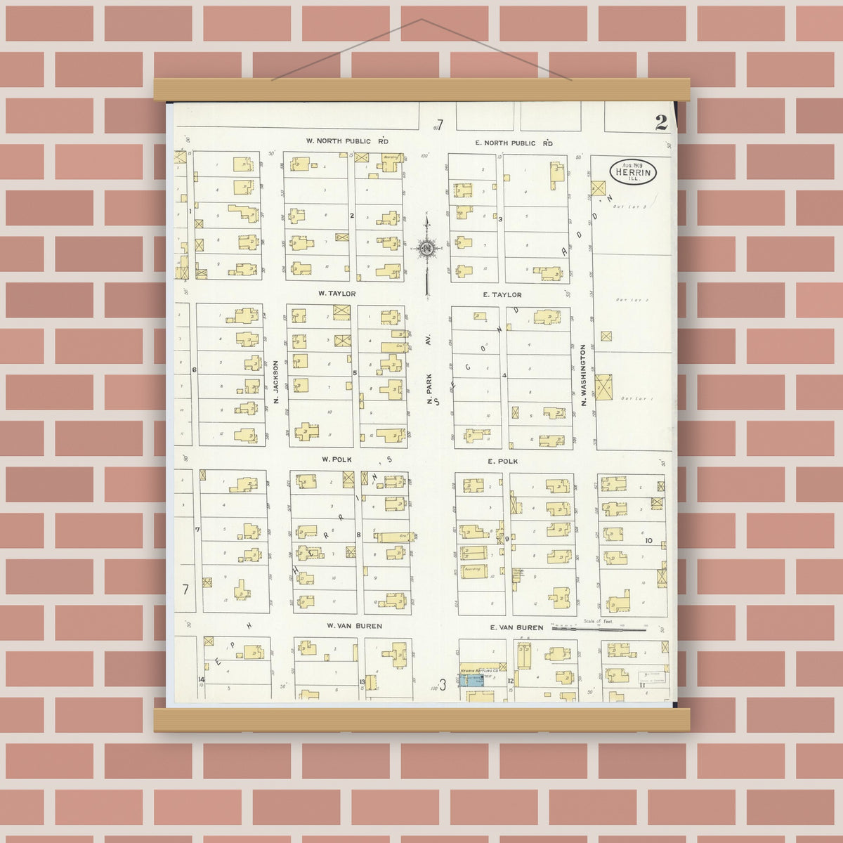 Old map wall art mockup — magnetic wood frame on brick wall — Sanborn Fire Insurance Map from Herrin, Williamson County, Illinois (1909), Sheet #0002
