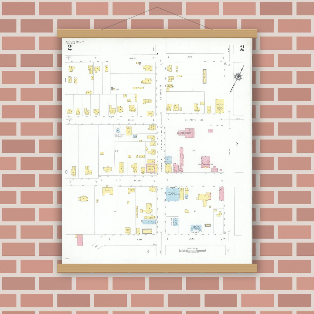 Old map wall art mockup — magnetic wood frame on brick wall — Sanborn Fire Insurance Map from Tappahannock, Essex County, Virginia (1949), Sheet #0002