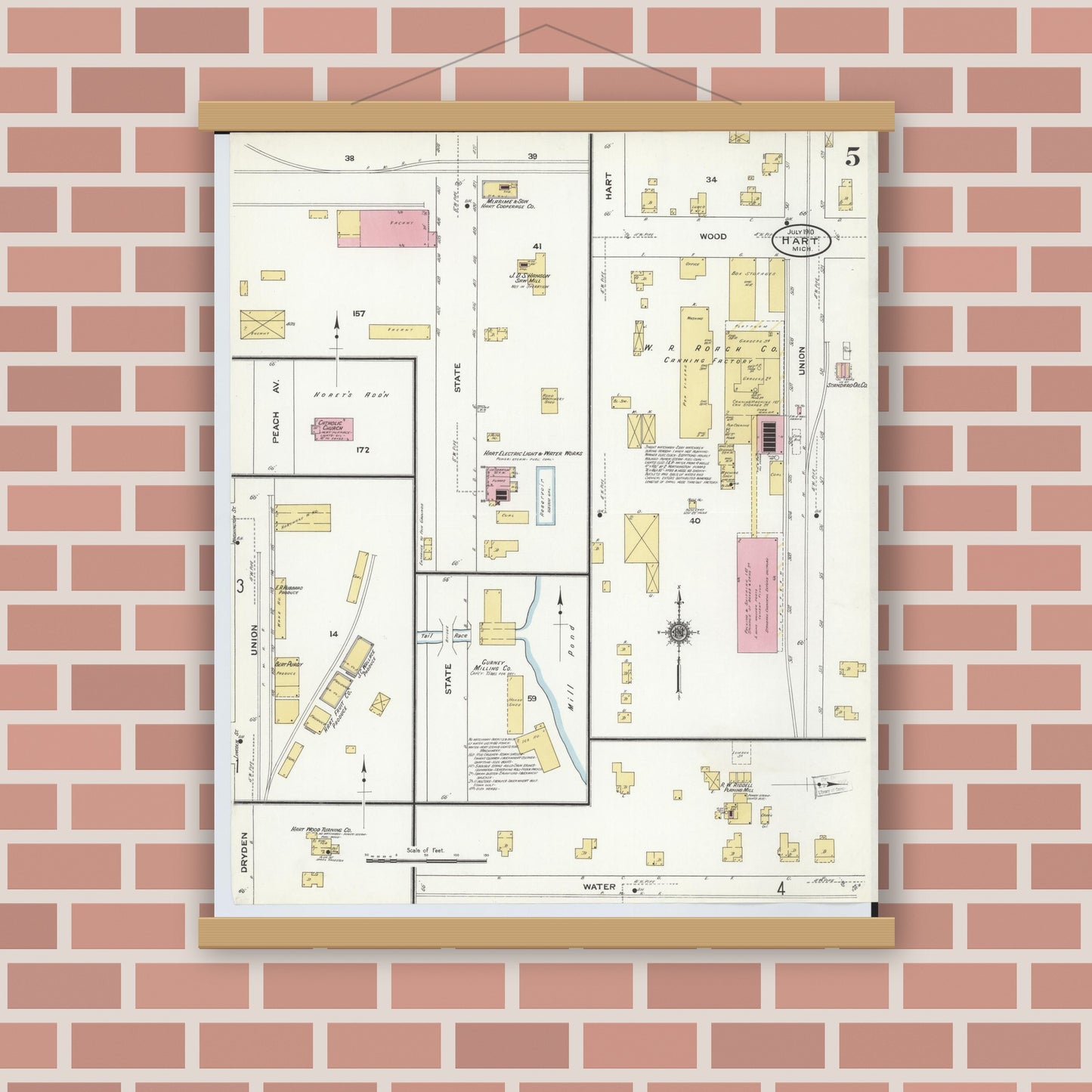 Old map wall art mockup — magnetic wood frame on brick wall — Sanborn Fire Insurance Map from Hart, Oceana County, Michigan (1910), Sheet #0005
