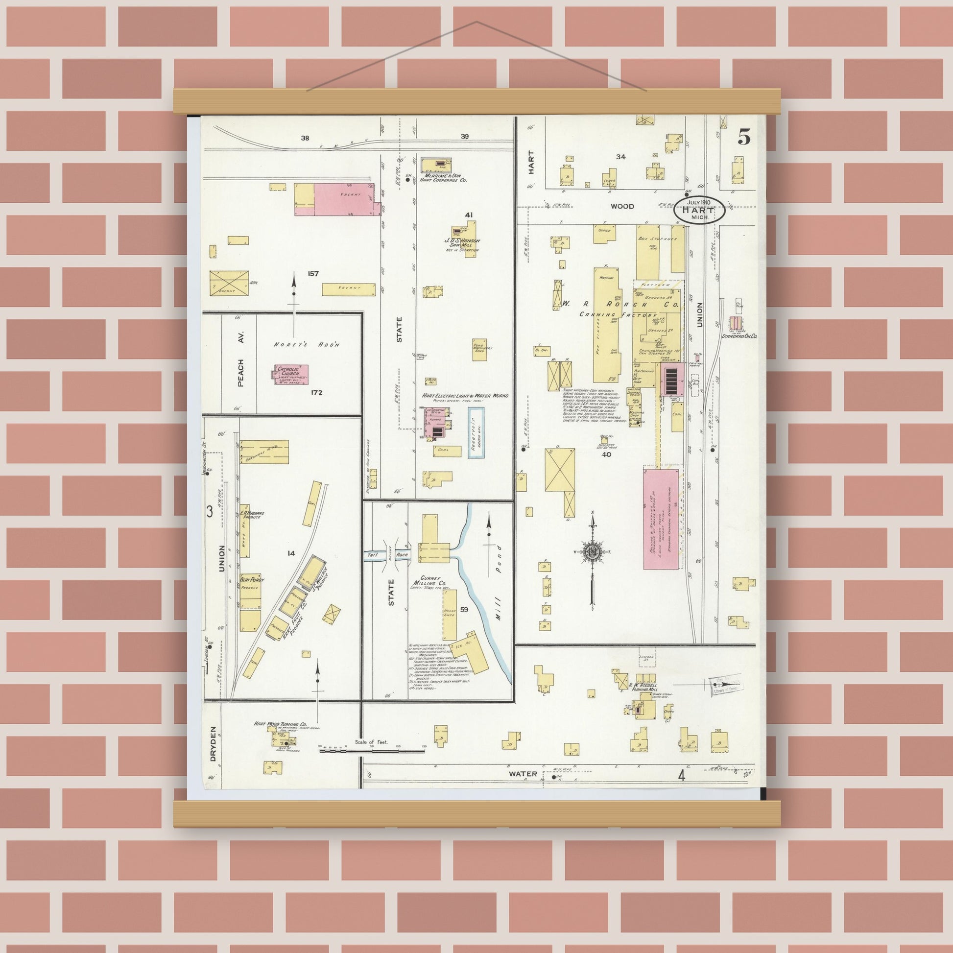 Old map wall art mockup — magnetic wood frame on brick wall — Sanborn Fire Insurance Map from Hart, Oceana County, Michigan (1910), Sheet #0005