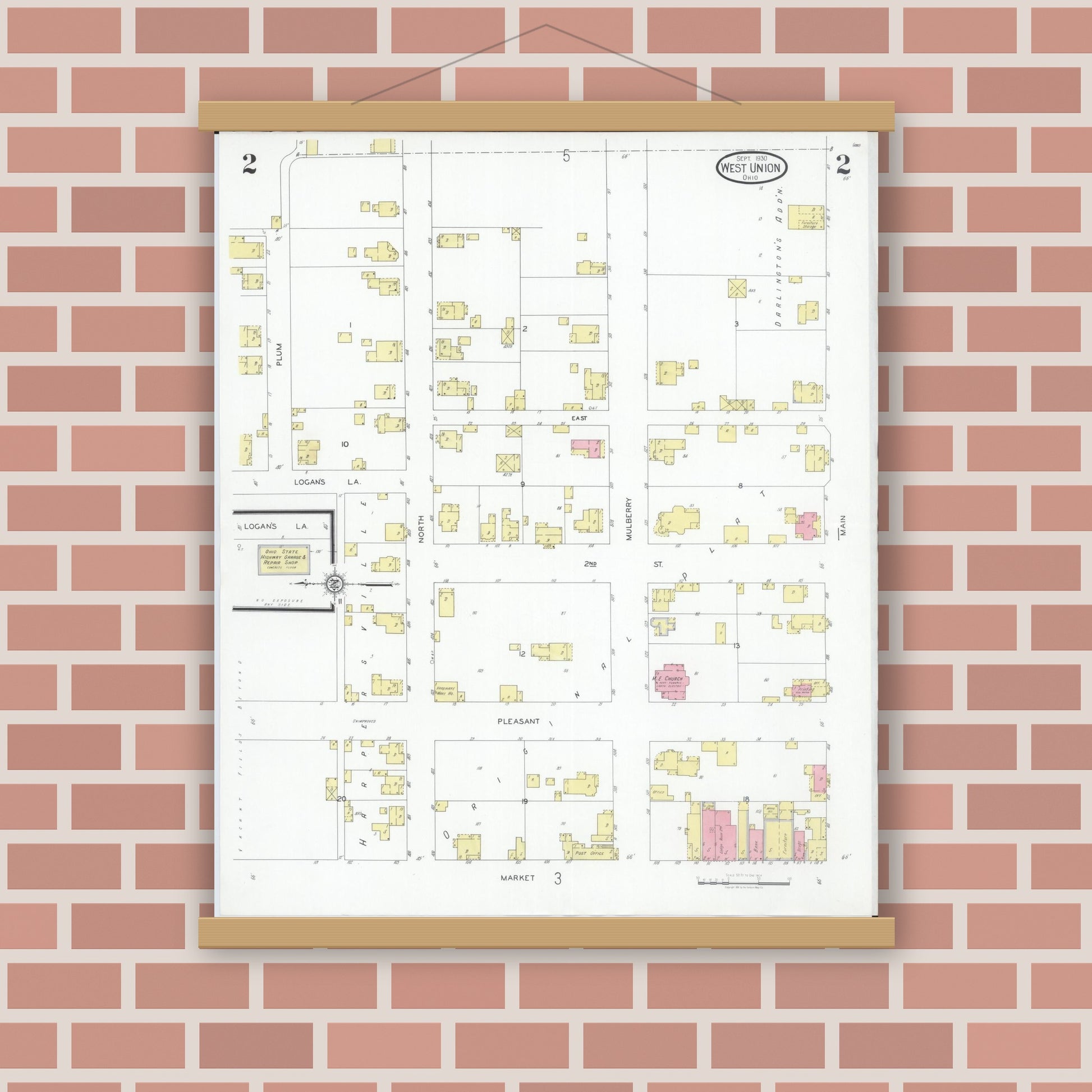 Old map wall art mockup — magnetic wood frame on brick wall — Sanborn Fire Insurance Map from West Union, Adams County, Ohio (1930), Sheet #0002