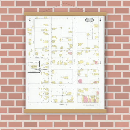 Old map wall art mockup — magnetic wood frame on brick wall — Sanborn Fire Insurance Map from West Union, Adams County, Ohio (1930), Sheet #0002