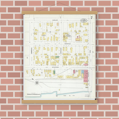 Old map wall art mockup — magnetic wood frame on brick wall — Sanborn Fire Insurance Map from Alpena, Alpena County, Michigan (1901), Sheet #0007