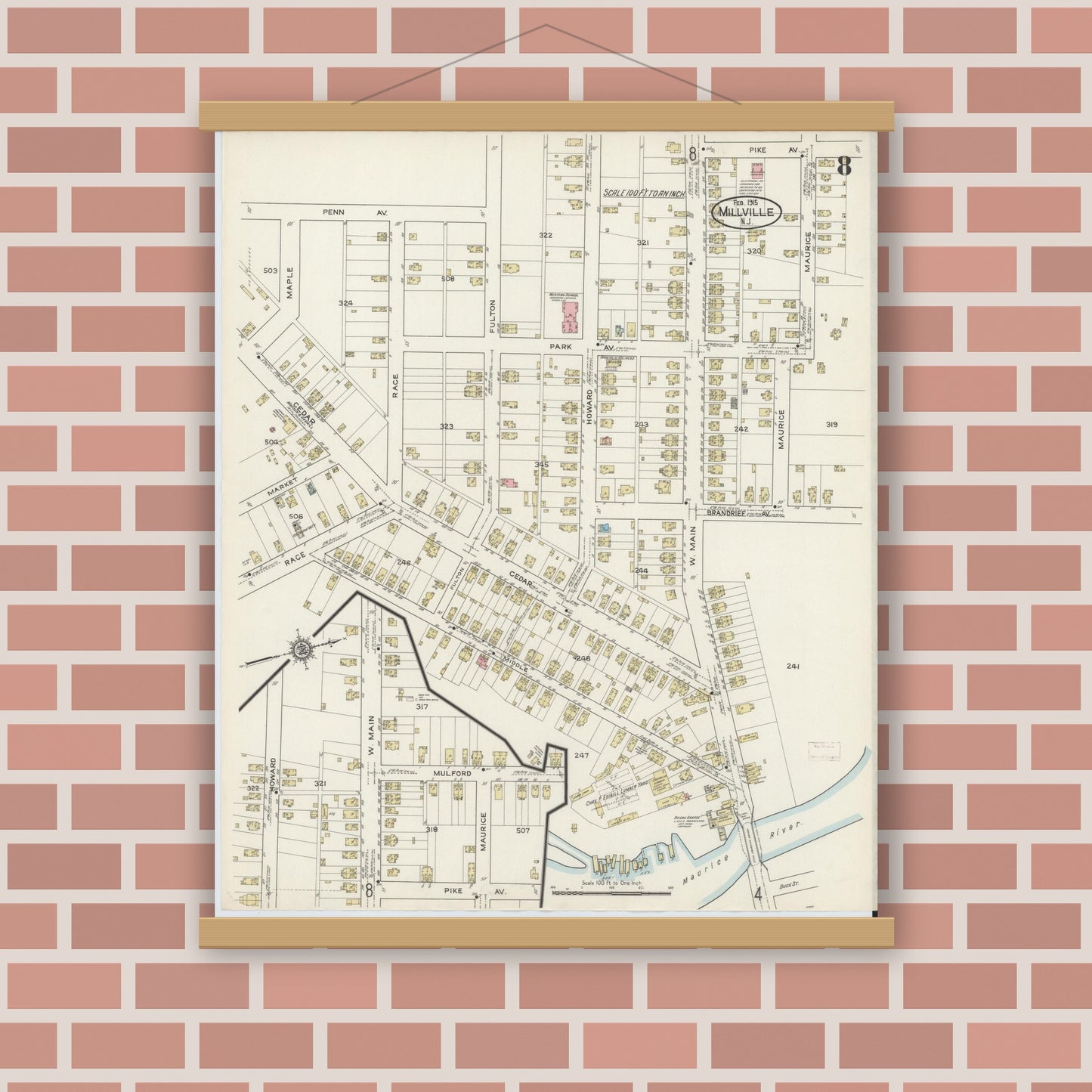 Old map wall art mockup — magnetic wood frame on brick wall — Sanborn Fire Insurance Map from Millville, Cumberland County, New Jersey (1915), Sheet #0008