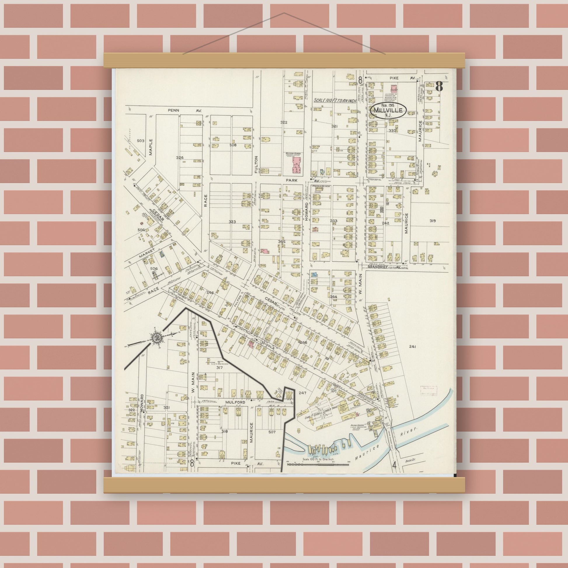 Old map wall art mockup — magnetic wood frame on brick wall — Sanborn Fire Insurance Map from Millville, Cumberland County, New Jersey (1915), Sheet #0008