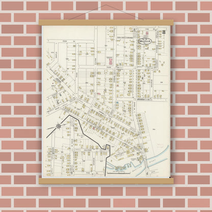 Old map wall art mockup — magnetic wood frame on brick wall — Sanborn Fire Insurance Map from Millville, Cumberland County, New Jersey (1915), Sheet #0008