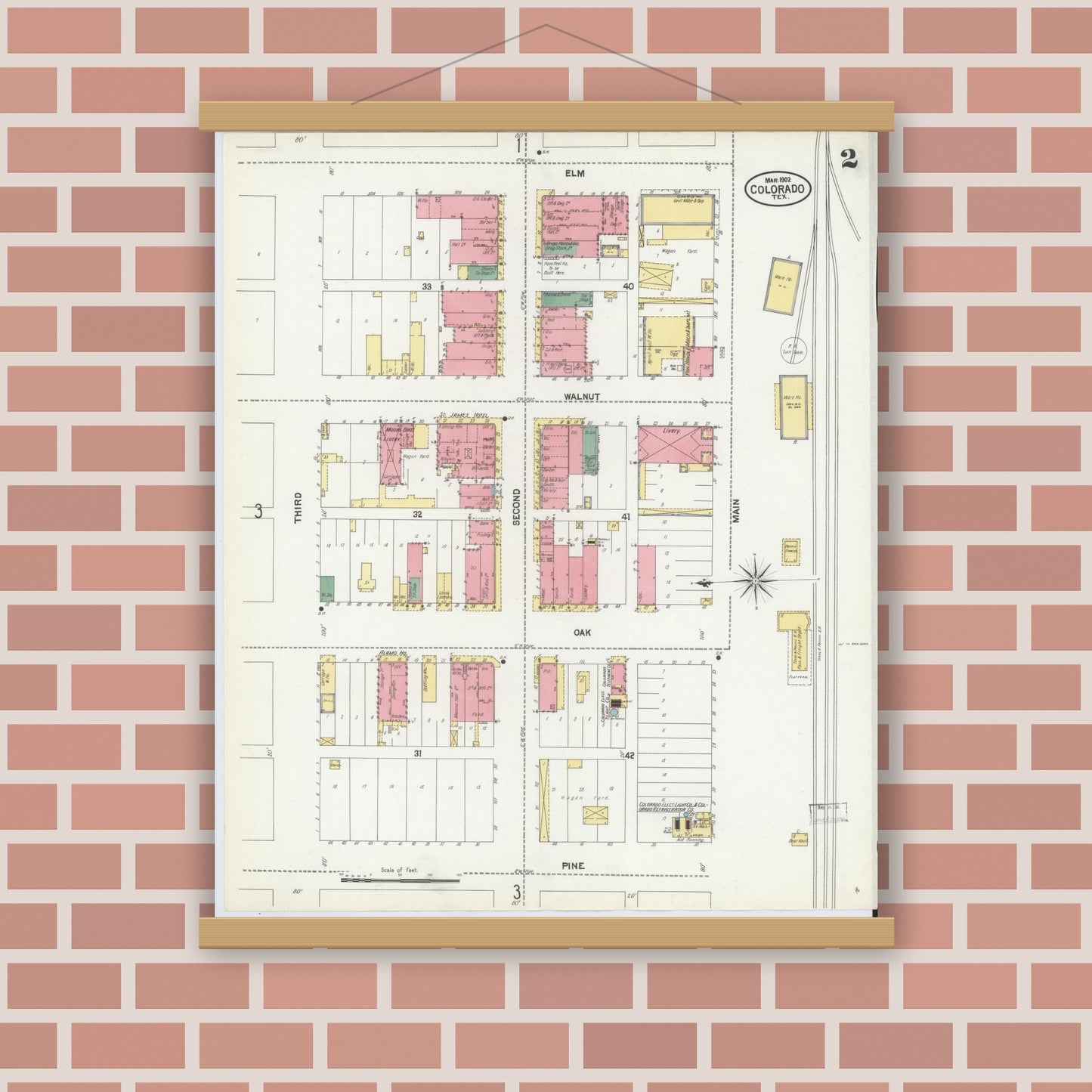 Old map wall art mockup — magnetic wood frame on brick wall — Sanborn Fire Insurance Map from Colorado, Mitchell County, Texas (1902), Sheet #0002