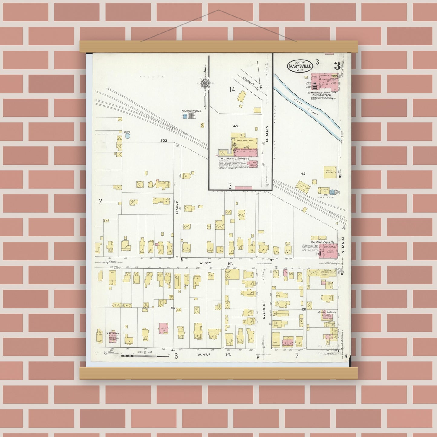 Old map wall art mockup — magnetic wood frame on brick wall — Sanborn Fire Insurance Map from Marysville, Union County, Ohio (1916), Sheet #0003