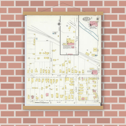 Old map wall art mockup — magnetic wood frame on brick wall — Sanborn Fire Insurance Map from Marysville, Union County, Ohio (1916), Sheet #0003