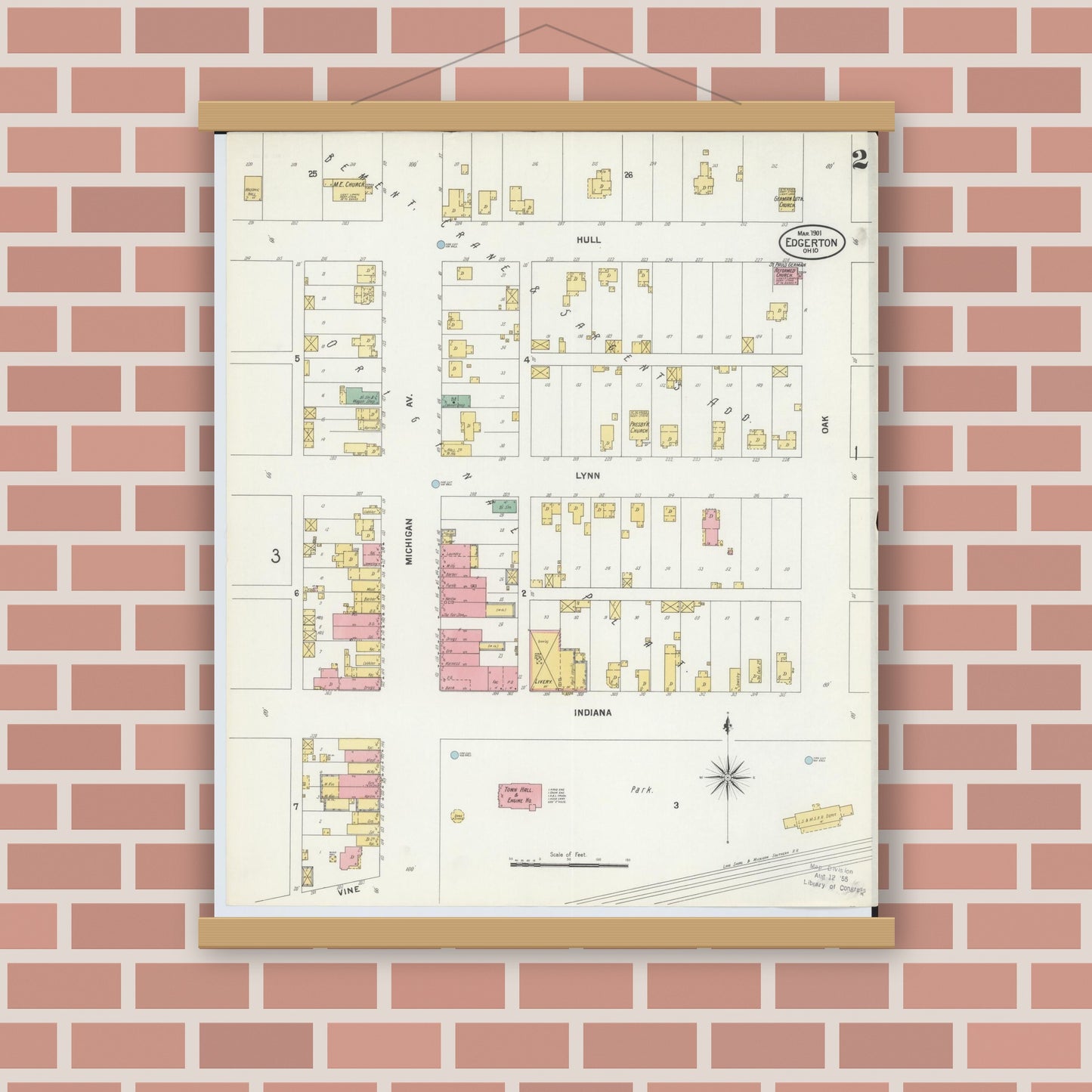 Old map wall art mockup — magnetic wood frame on brick wall — Sanborn Fire Insurance Map from Edgerton, Williams County, Ohio (1901), Sheet #0002