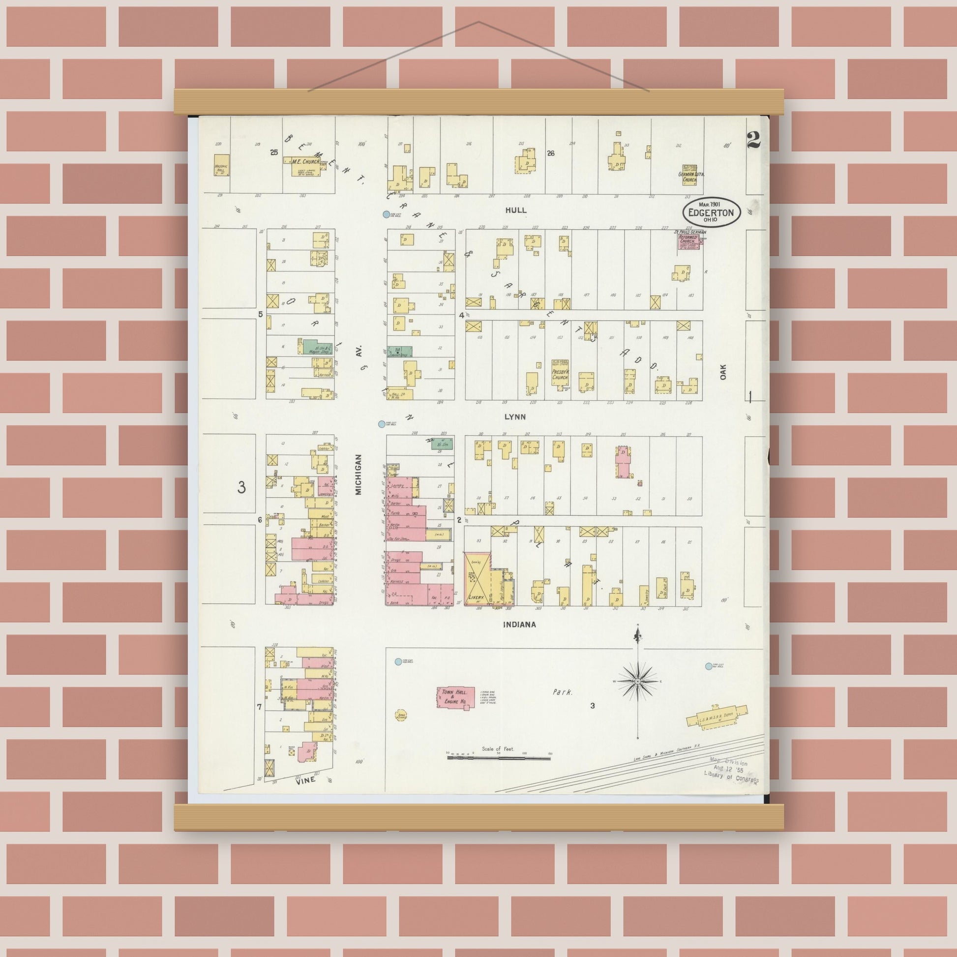 Old map wall art mockup — magnetic wood frame on brick wall — Sanborn Fire Insurance Map from Edgerton, Williams County, Ohio (1901), Sheet #0002