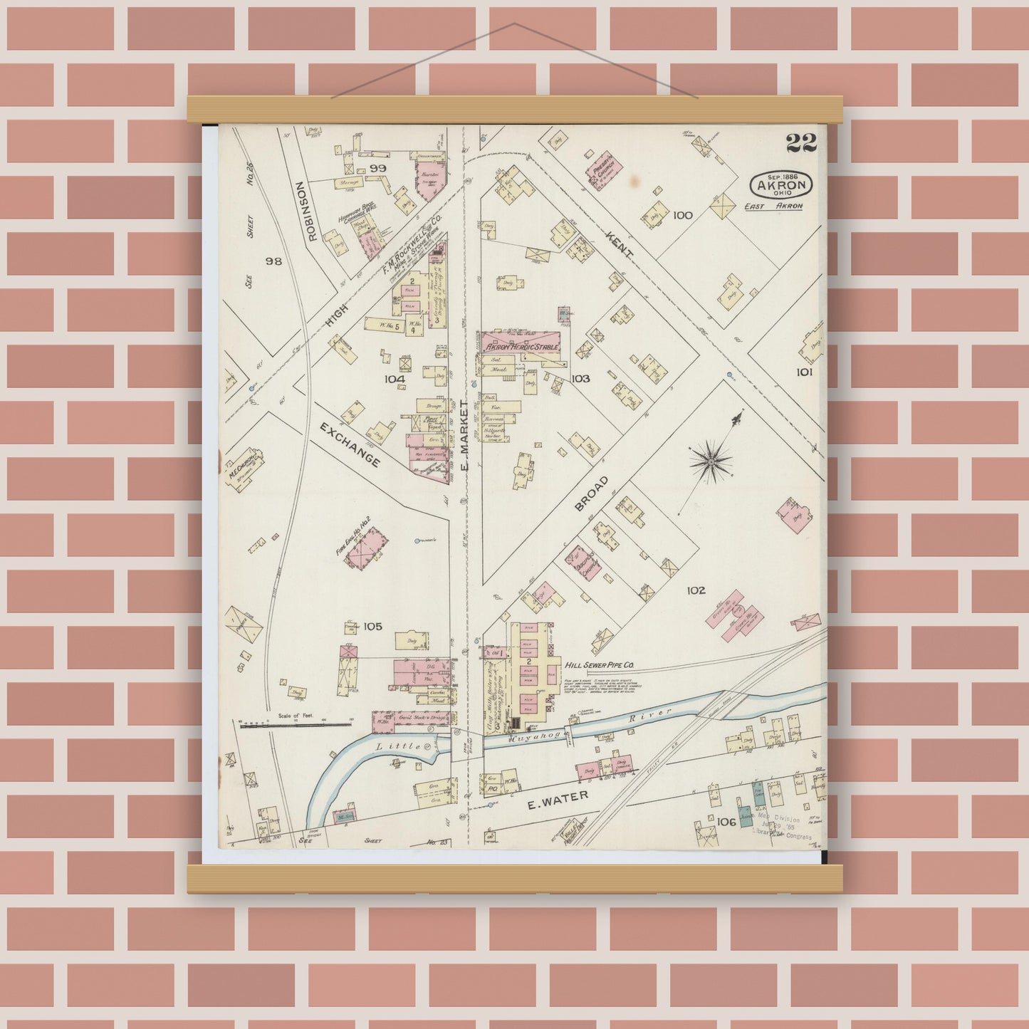 Old map wall art mockup — magnetic wood frame on brick wall — Sanborn Fire Insurance Map from Akron, Summit County, Ohio (1886), Sheet #0022