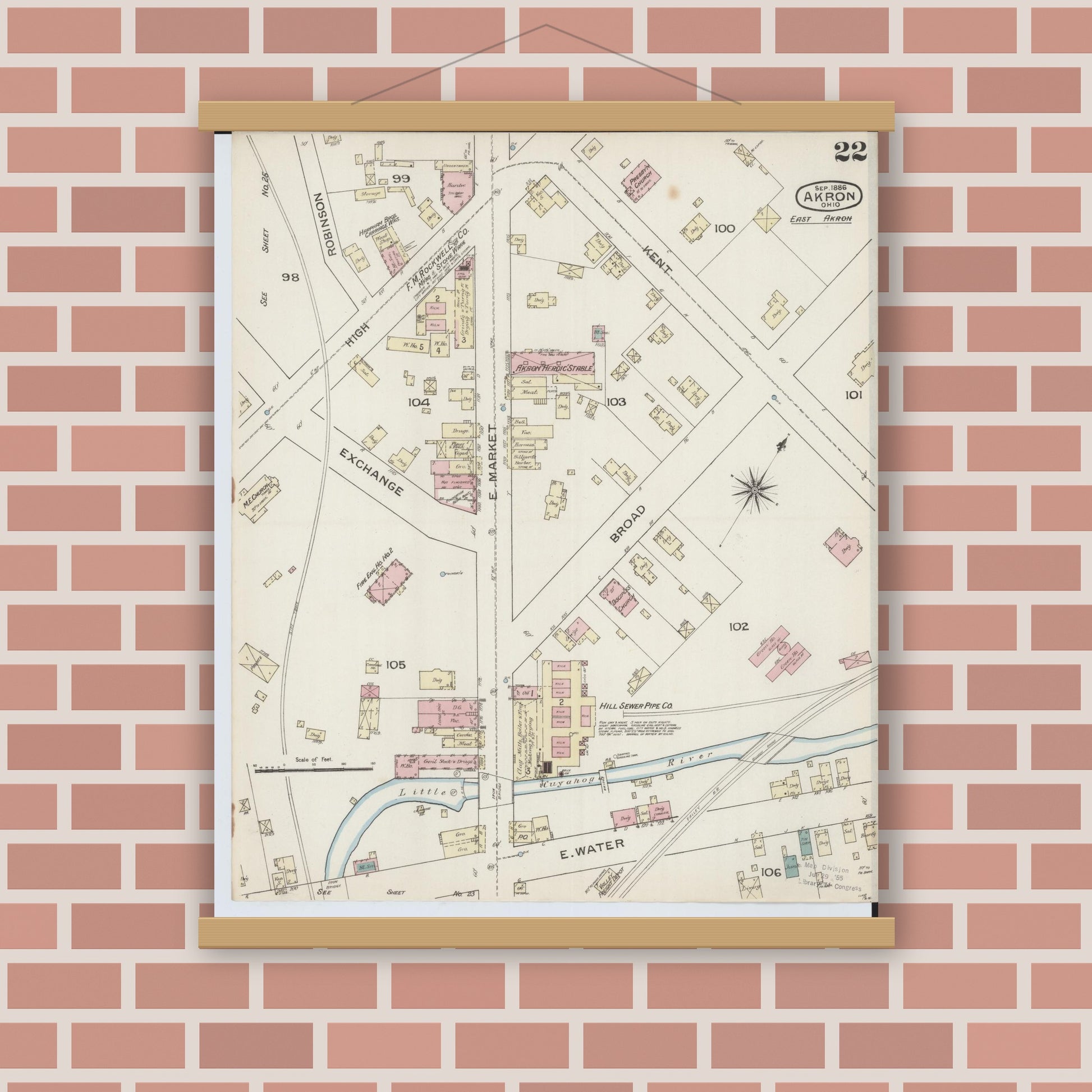 Old map wall art mockup — magnetic wood frame on brick wall — Sanborn Fire Insurance Map from Akron, Summit County, Ohio (1886), Sheet #0022