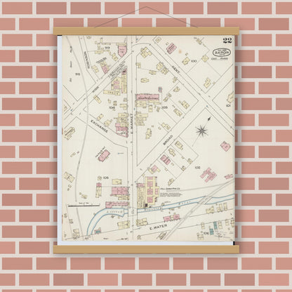 Old map wall art mockup — magnetic wood frame on brick wall — Sanborn Fire Insurance Map from Akron, Summit County, Ohio (1886), Sheet #0022