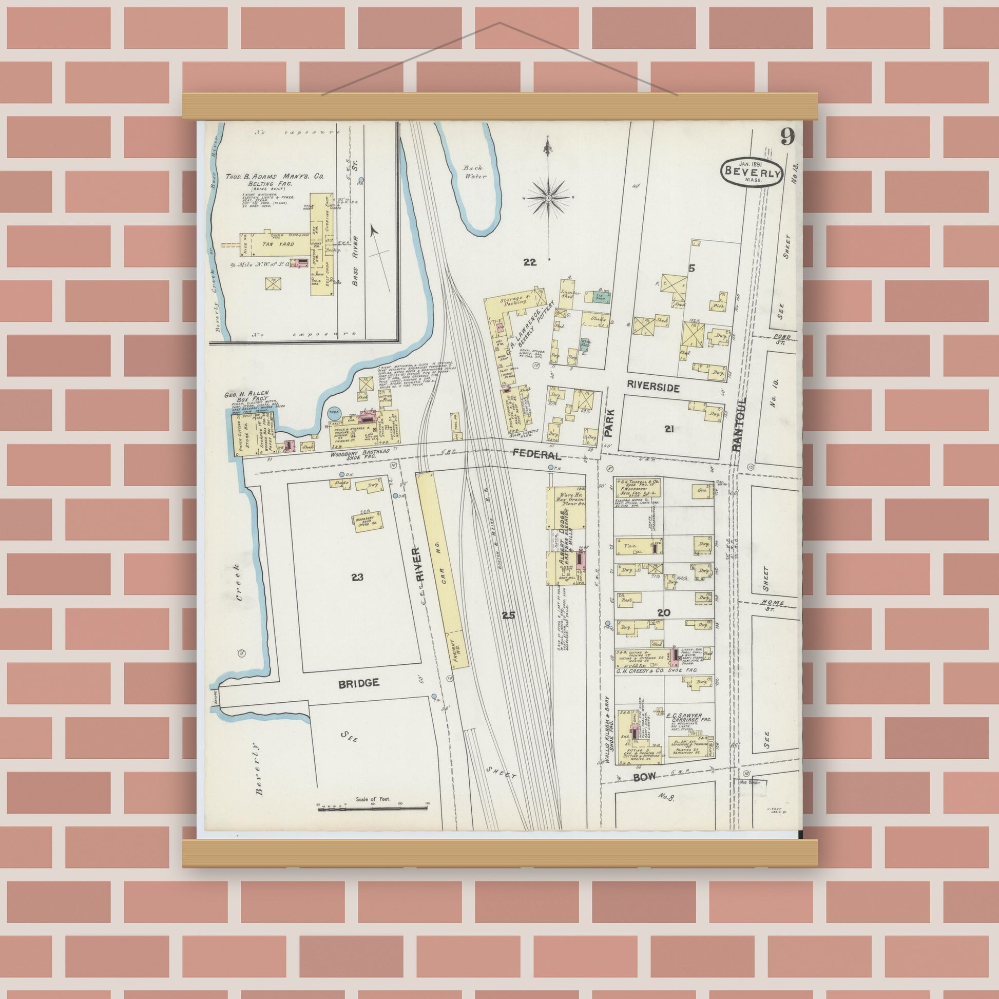 Old map wall art mockup — magnetic wood frame on brick wall — Sanborn Fire Insurance Map from Beverly, Essex County, Massachusetts (1891), Sheet #0009