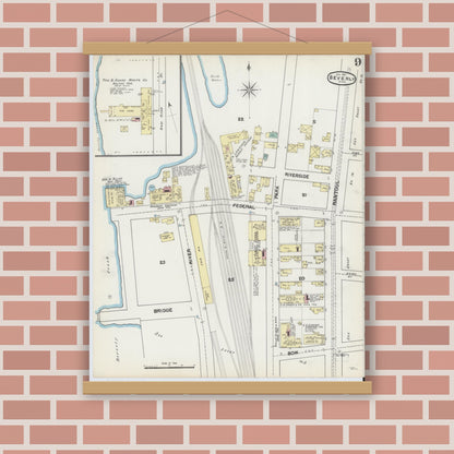 Old map wall art mockup — magnetic wood frame on brick wall — Sanborn Fire Insurance Map from Beverly, Essex County, Massachusetts (1891), Sheet #0009